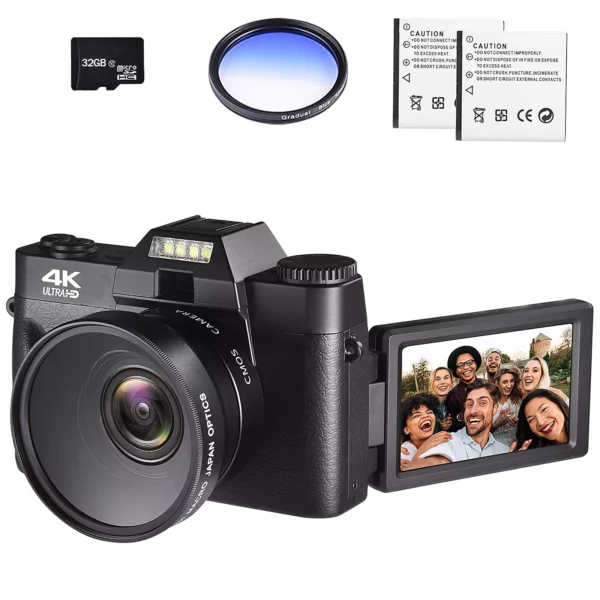 4K Digital Vlogging Camera for YouTube Autofocus Camcorder for Photography 48MP Video Camera with WiFi Connection 3.0" IPS Flip Screen, Wide Angle Lens,16X Digital Zoom (32GB SD Card, 2 Batteries)