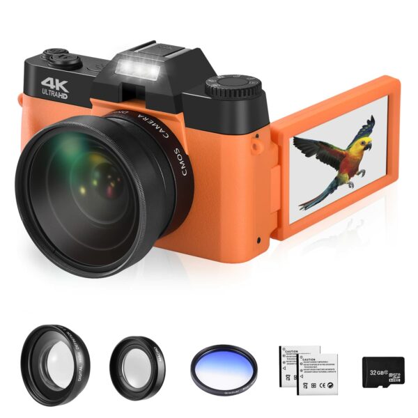 OIEXI 48MP Digital Cameras for Photography,4K Vlogging Camera for YouTube with 180° Flip Screen,16 X Digital Zoom,Wide-Angle Lens,Macro Lens,32 GB Micro Card,2 Batteries(Red-Orange)