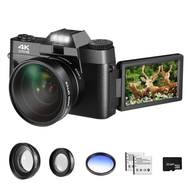 OIEXI 48MP Digital Camera for Photography,4K Vlogging Camera,Digital Camera for Kids and Adults with 180° Flip Screen,16 X Digital Zoom,Wide-Angle Lens,Macro Lens,32 GB Micro Card,2 Batteries(Black)
