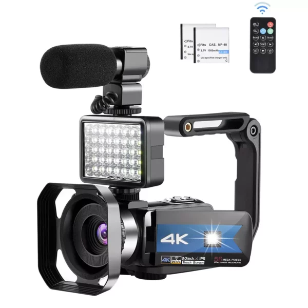 OIEXI 4K Camera for YouTube Videos HD Camcorder with LED Light Digital Vlog Camera with 16X Digital Zoom and Night Vision, Video Recorder with Microphone,(Blue,2 Batteries Included)