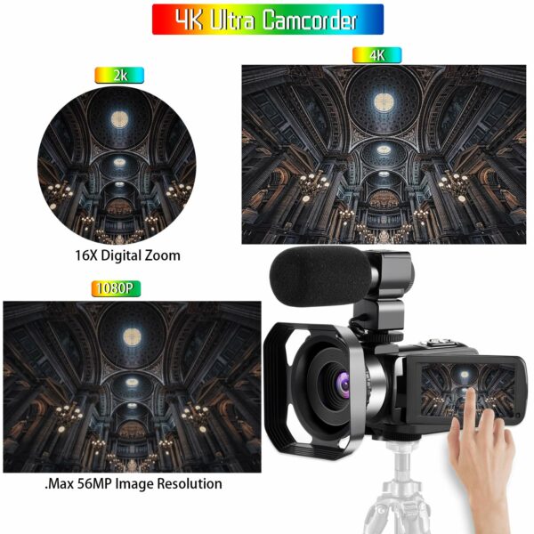 OIEXI Video Camera 4K Camcorder Vlog Camera for YouTube, HD Digital Camera with 16X Digital Zoom and Night Vision, Video Recorder with Microphone (32GB SD Card, 2 Batteries Included - Image 2