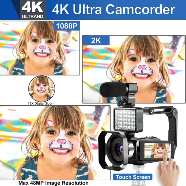 OIEXI 4K Camera for YouTube Videos HD Camcorder with LED Light Digital Vlog Camera with 16X Digital Zoom and Night Vision, Video Recorder with Microphone,(Blue,2 Batteries Included) - Image 2
