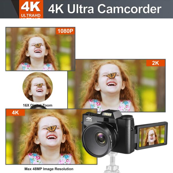 4K Digital Vlogging Camera for YouTube Autofocus Camcorder for Photography 48MP Video Camera with WiFi Connection 3.0" IPS Flip Screen, Wide Angle Lens,16X Digital Zoom (32GB SD Card, 2 Batteries) - Image 2