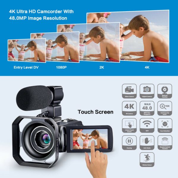 4k Video Camera Camcorder for YouTube Ultra HD 4K 48MP Vlogging Camera with Microphone & Remote Control WiFi Digital Camera 3.0" IPS Touch Screen IR Night Vision 2 Batteries Visit the OIEXI Store - Image 2
