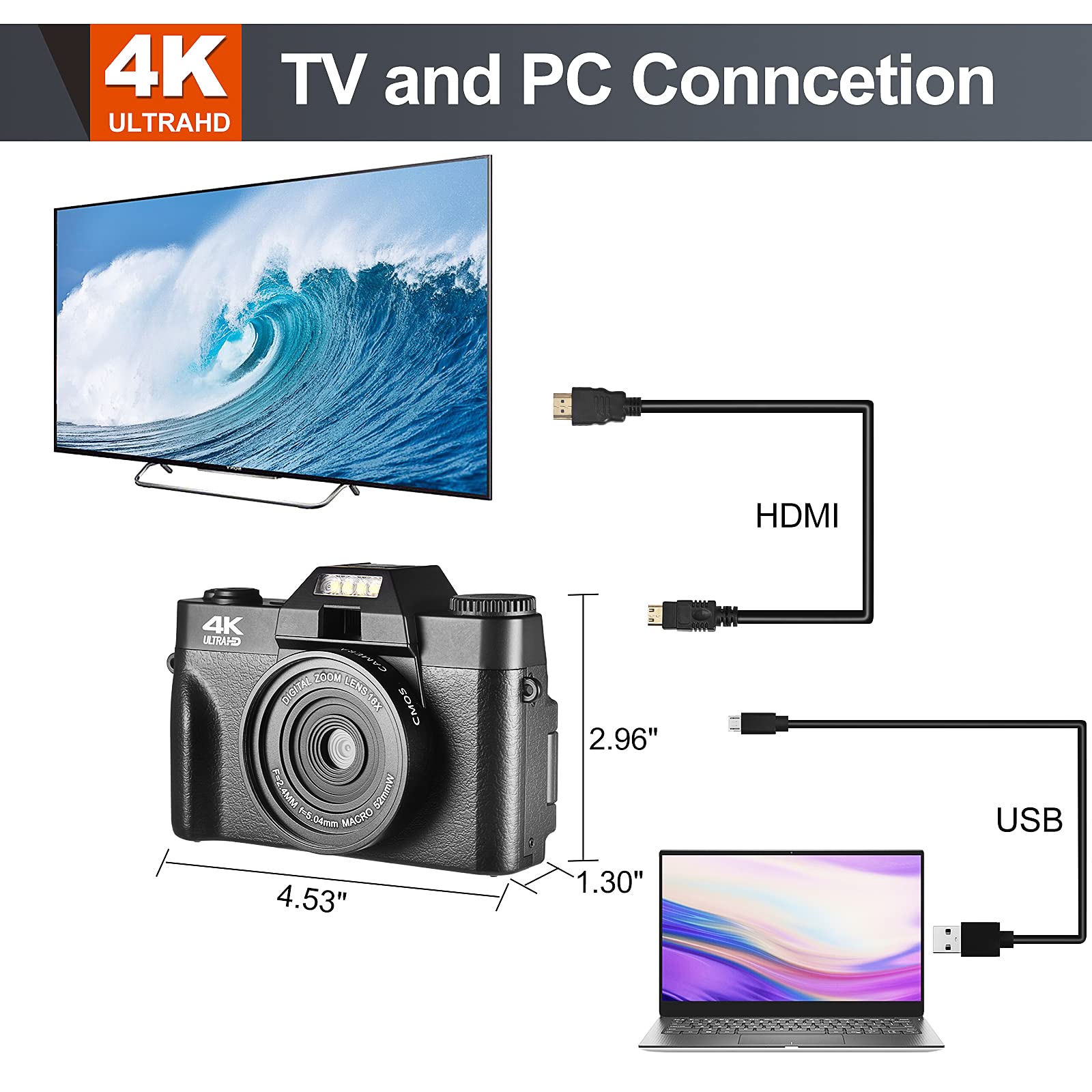 Vlogging Camera 4K Digital Camera for  Autofocus with 32GB SD Card,  180° Flip Screen 16X Digital Zoom 48MP Video Cameras Camcorder for