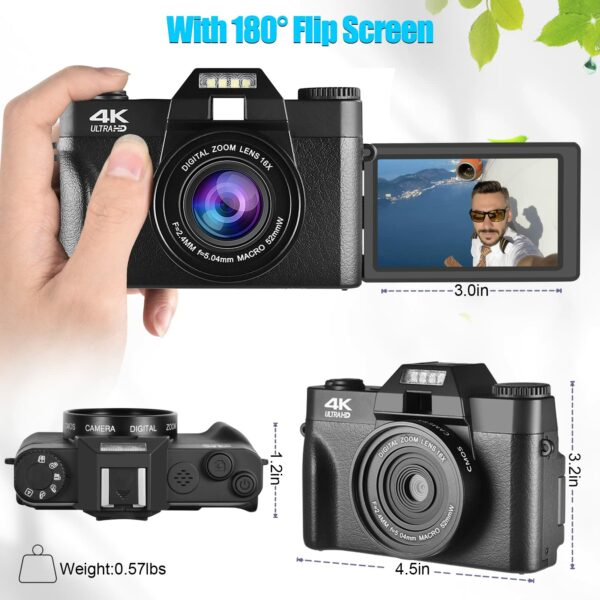 OIEXI 48MP Digital Camera for Photography,4K Vlogging Camera,Digital Camera for Kids and Adults with 180° Flip Screen,16 X Digital Zoom,Wide-Angle Lens,Macro Lens,32 GB Micro Card,2 Batteries(Black) - Image 3