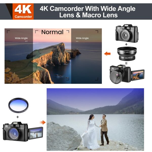 4K Digital Vlogging Camera for YouTube Autofocus Camcorder for Photography 48MP Video Camera with WiFi Connection 3.0" IPS Flip Screen, Wide Angle Lens,16X Digital Zoom (32GB SD Card, 2 Batteries) - Image 4