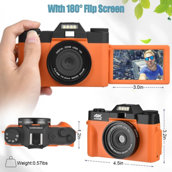 OIEXI 48MP Digital Cameras for Photography,4K Vlogging Camera for YouTube with 180° Flip Screen,16 X Digital Zoom,Wide-Angle Lens,Macro Lens,32 GB Micro Card,2 Batteries(Red-Orange) - Image 4