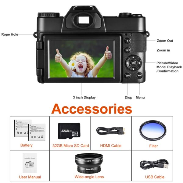 4K Digital Vlogging Camera for YouTube Autofocus Camcorder for Photography 48MP Video Camera with WiFi Connection 3.0" IPS Flip Screen, Wide Angle Lens,16X Digital Zoom (32GB SD Card, 2 Batteries) - Image 7