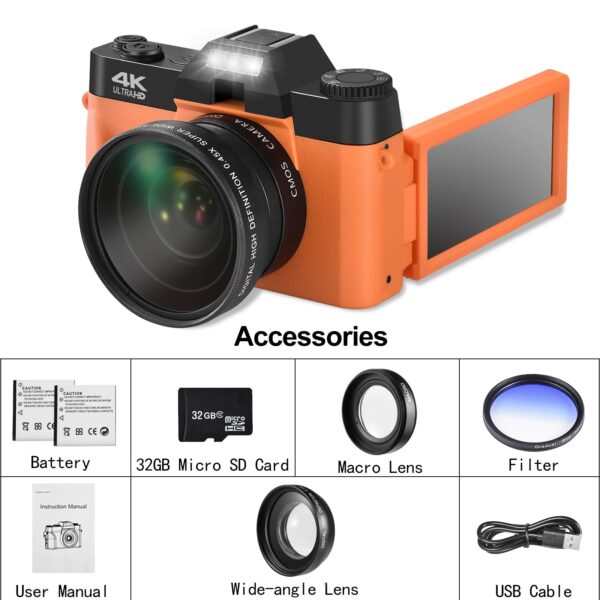 OIEXI 48MP Digital Cameras for Photography,4K Vlogging Camera for YouTube with 180° Flip Screen,16 X Digital Zoom,Wide-Angle Lens,Macro Lens,32 GB Micro Card,2 Batteries(Red-Orange) - Image 7