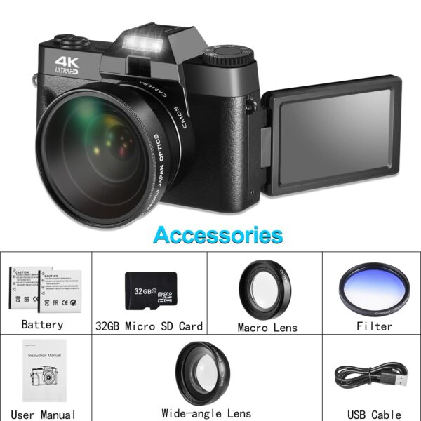 OIEXI 48MP Digital Camera for Photography,4K Vlogging Camera,Digital Camera for Kids and Adults with 180° Flip Screen,16 X Digital Zoom,Wide-Angle Lens,Macro Lens,32 GB Micro Card,2 Batteries(Black) - Image 7