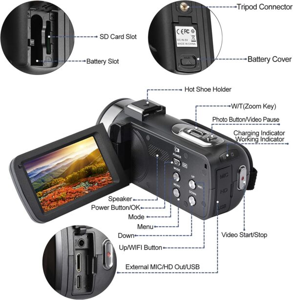 Video Camera 4K 18X Powerful Digital Zoom,48MP 3.0 Inch IPS Vlogging Camera for YouTube,270 Degree Rotation Touch Screen Camcorder with Microphone,IR Night Vision and 2 Batteries(Black) - Image 2