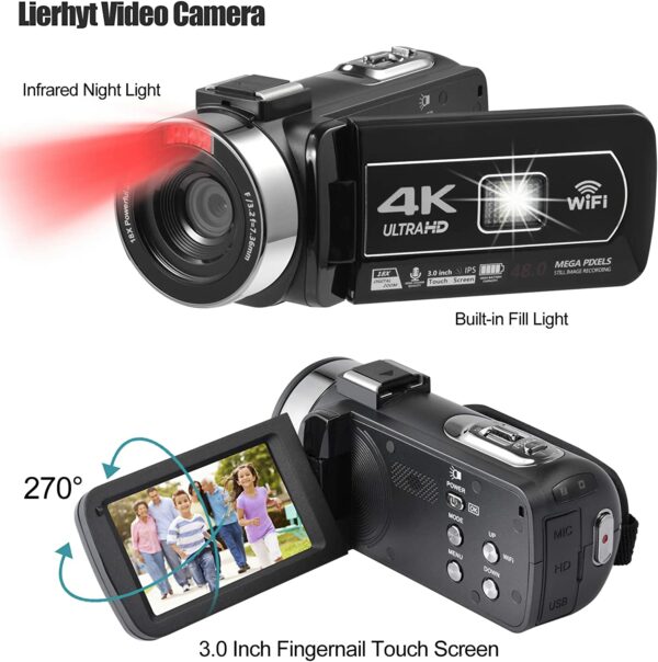 Video Camera 4K 18X Powerful Digital Zoom,48MP 3.0 Inch IPS Vlogging Camera for YouTube,270 Degree Rotation Touch Screen Camcorder with Microphone,IR Night Vision and 2 Batteries(Black) - Image 3