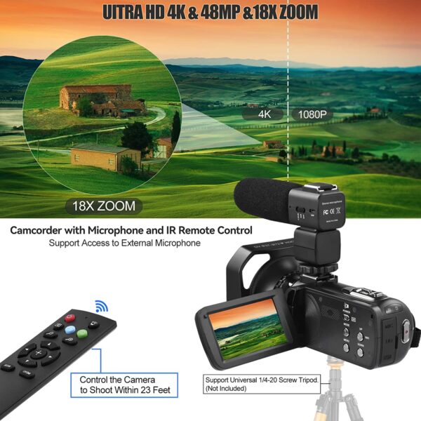 Video Camera 4K 18X Powerful Digital Zoom,48MP 3.0 Inch IPS Vlogging Camera for YouTube,270 Degree Rotation Touch Screen Camcorder with Microphone,IR Night Vision and 2 Batteries(Black) - Image 5