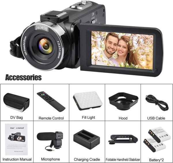 Video Camera 4K 18X Powerful Digital Zoom,48MP 3.0 Inch IPS Vlogging Camera for YouTube,270 Degree Rotation Touch Screen Camcorder with Microphone,IR Night Vision and 2 Batteries(Black) - Image 6