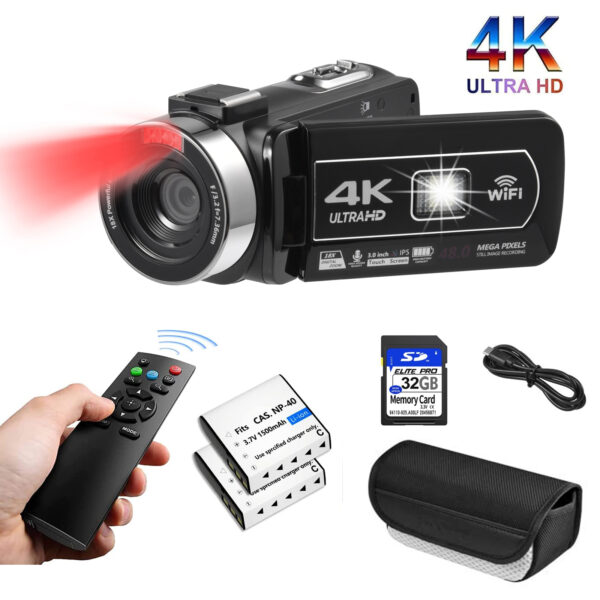 Video Camera 4K 18X Powerful Digital Zoom,48MP 3.0 Inch IPS Vlogging Camera for YouTube,270 Degree Rotation Touch Screen Camcorder,IR Night Vision and 2 Batteries(Black)