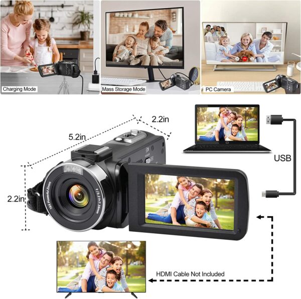 Video Camera 4K 18X Powerful Digital Zoom,48MP 3.0 Inch IPS Vlogging Camera for YouTube,270 Degree Rotation Touch Screen Camcorder,IR Night Vision and 2 Batteries(Black) - Image 3