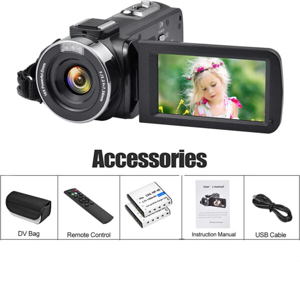 Video Camera 4K 18X Powerful Digital Zoom,48MP 3.0 Inch IPS Vlogging Camera for YouTube,270 Degree Rotation Touch Screen Camcorder,IR Night Vision and 2 Batteries(Black) - Image 2