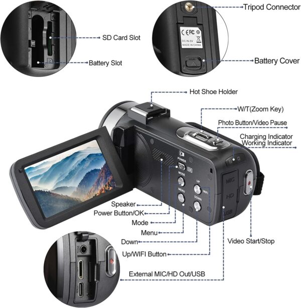 Video Camera 4K 18X Powerful Digital Zoom,48MP 3.0 Inch IPS Vlogging Camera for YouTube,270 Degree Rotation Touch Screen Camcorder,IR Night Vision and 2 Batteries(Black) - Image 4