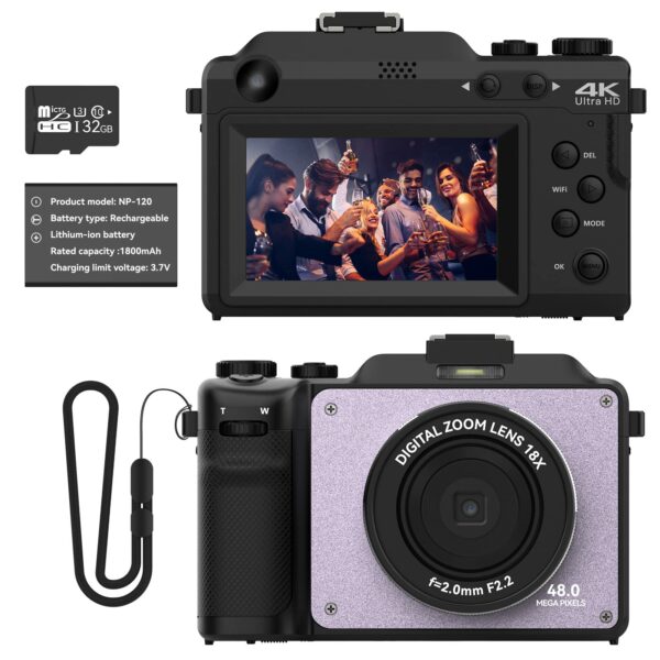 OIEXI 48MP Digital Camera for Photography,4K Video Camera with Front and Rear Dual Cameras,18X Digital Zoom,3.0-inch Screen,32GB Micro Card,Rechargeable Battery,Camera for Kids/Teens(Lilac Violet)