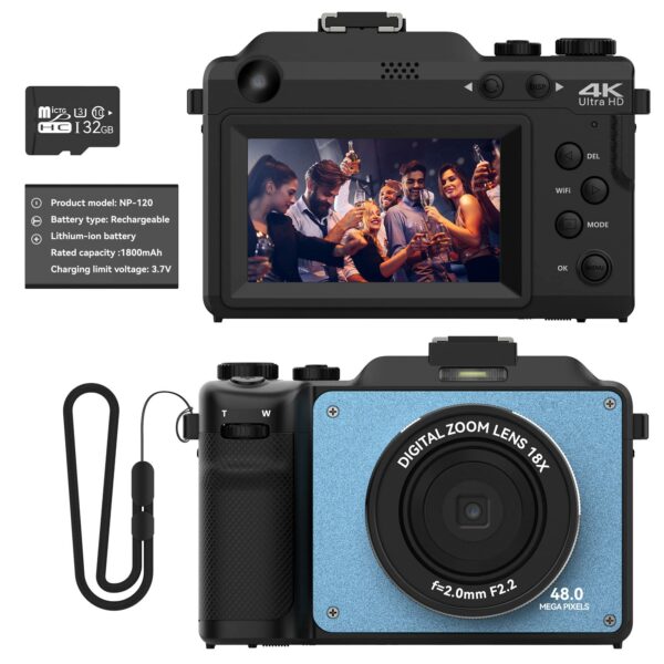 OIEXI 48MP Digital Camera for Photography,4K Video Camera with Front and Rear Dual Cameras,18X Digital Zoom,3.0-inch Screen,32GB Micro Card,Rechargeable Battery,Camera for Teens/Beginners(Ultramarine)