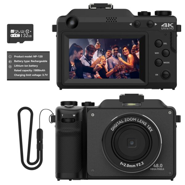 OIEXI 48MP Digital Camera for Photography,4K Video Camera with Front and Rear Dual Cameras,18X Digital Zoom,3.0-inch Screen,32GB Micro Card,Rechargeable Battery,Camera for Kids/Teens/Beginners(Black)