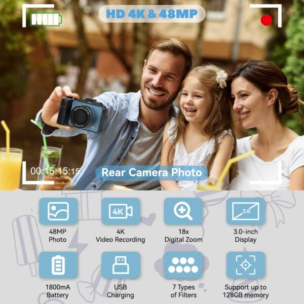 OIEXI 48MP Digital Camera for Photography,4K Video Camera with Front and Rear Dual Cameras,18X Digital Zoom,3.0-inch Screen,32GB Micro Card,Rechargeable Battery,Camera for Teens/Beginners(Ultramarine) - Image 2