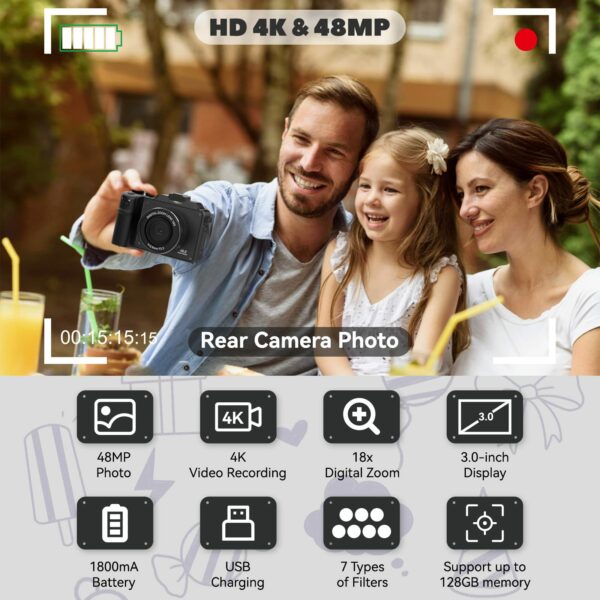 OIEXI 48MP Digital Camera for Photography,4K Video Camera with Front and Rear Dual Cameras,18X Digital Zoom,3.0-inch Screen,32GB Micro Card,Rechargeable Battery,Camera for Kids/Teens/Beginners(Black) - Image 2