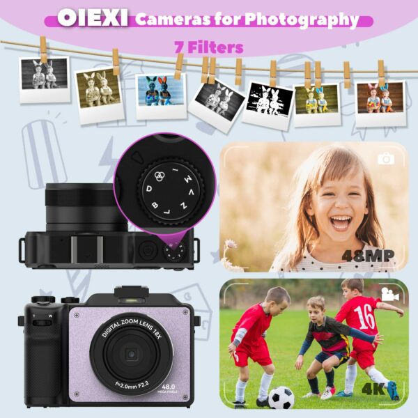 OIEXI 48MP Digital Camera for Photography,4K Video Camera with Front and Rear Dual Cameras,18X Digital Zoom,3.0-inch Screen,32GB Micro Card,Rechargeable Battery,Camera for Kids/Teens(Lilac Violet) - Image 3
