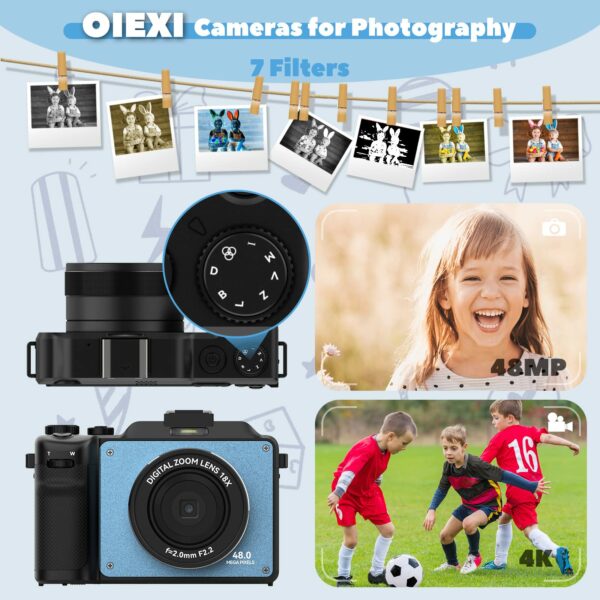 OIEXI 48MP Digital Camera for Photography,4K Video Camera with Front and Rear Dual Cameras,18X Digital Zoom,3.0-inch Screen,32GB Micro Card,Rechargeable Battery,Camera for Teens/Beginners(Ultramarine) - Image 3