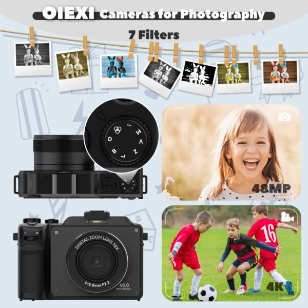 OIEXI 48MP Digital Camera for Photography,4K Video Camera with Front and Rear Dual Cameras,18X Digital Zoom,3.0-inch Screen,32GB Micro Card,Rechargeable Battery,Camera for Kids/Teens/Beginners(Black) - Image 3