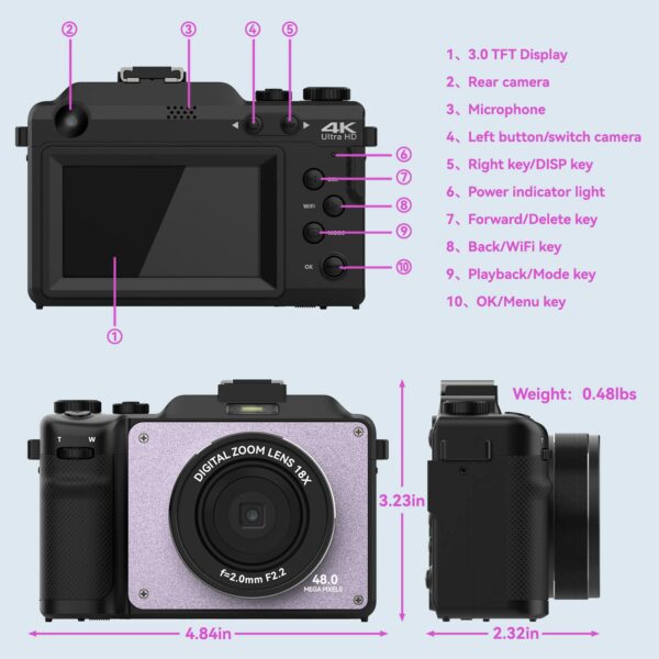 OIEXI 48MP Digital Camera for Photography,4K Video Camera with Front and Rear Dual Cameras,18X Digital Zoom,3.0-inch Screen,32GB Micro Card,Rechargeable Battery,Camera for Kids/Teens(Lilac Violet) - Image 4