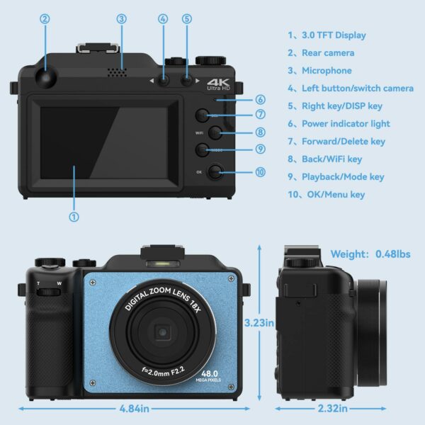 OIEXI 48MP Digital Camera for Photography,4K Video Camera with Front and Rear Dual Cameras,18X Digital Zoom,3.0-inch Screen,32GB Micro Card,Rechargeable Battery,Camera for Teens/Beginners(Ultramarine) - Image 4