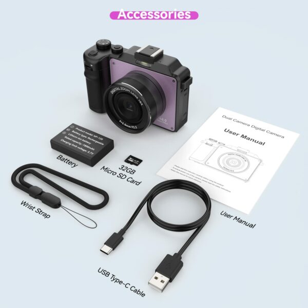OIEXI 48MP Digital Camera for Photography,4K Video Camera with Front and Rear Dual Cameras,18X Digital Zoom,3.0-inch Screen,32GB Micro Card,Rechargeable Battery,Camera for Kids/Teens(Lilac Violet) - Image 7