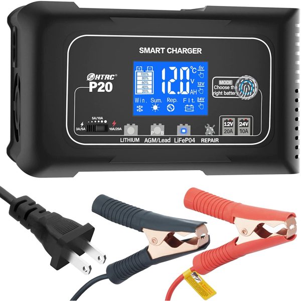 P20 20A Smart Battery Charger,Lithium,LiFePO4,Lead-Acid,Portable Car Battery Charger,Trickle Charger,Maintainer/deep Cycle Charger,12V/20A and 24V/10A Adjustable,for Boat,Lawn Mower,Golf cart..