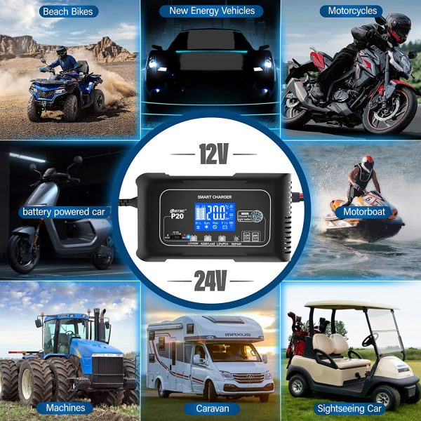 P20 20A Smart Battery Charger,Lithium,LiFePO4,Lead-Acid,Portable Car Battery Charger,Trickle Charger,Maintainer/deep Cycle Charger,12V/20A and 24V/10A Adjustable,for Boat,Lawn Mower,Golf cart.. - Image 4