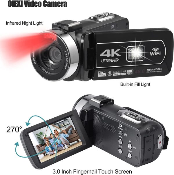 OIEXI Video Camera 4K 18X Powerful Digital Zoom,48MP 3.0 Inch IPS Vlogging Camera for YouTube,270 Degree Rotation Touch Screen Camcorder with Microphone,IR Night Vision and 2 Batteries(Black) - Image 5