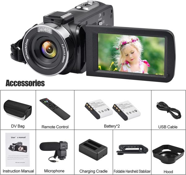 OIEXI Video Camera 4K 18X Powerful Digital Zoom,48MP 3.0 Inch IPS Vlogging Camera for YouTube,270 Degree Rotation Touch Screen Camcorder with Microphone,IR Night Vision and 2 Batteries(Black) - Image 2