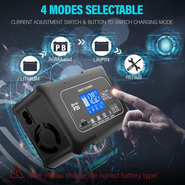 P20 20A Smart Battery Charger,Lithium,LiFePO4,Lead-Acid,Portable Car Battery Charger,Trickle Charger,Maintainer/deep Cycle Charger,12V/20A and 24V/10A Adjustable,for Boat,Lawn Mower,Golf cart.. - Image 3