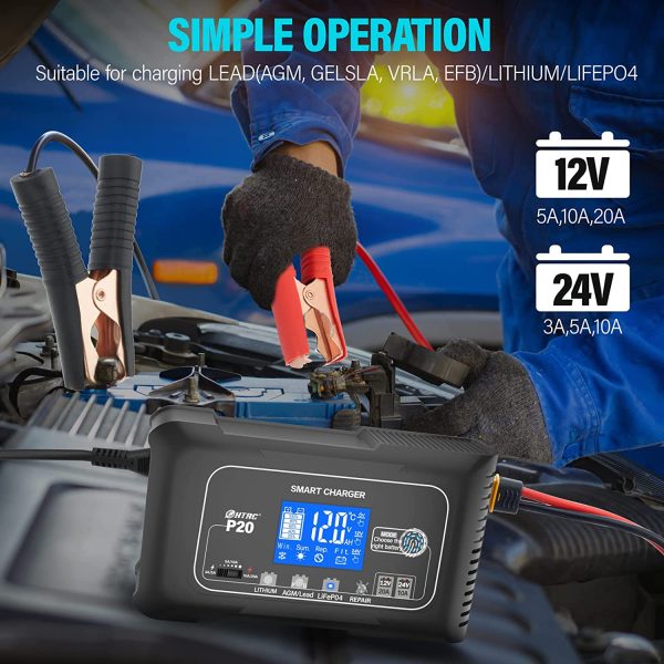 P20 20A Smart Battery Charger,Lithium,LiFePO4,Lead-Acid,Portable Car Battery Charger,Trickle Charger,Maintainer/deep Cycle Charger,12V/20A and 24V/10A Adjustable,for Boat,Lawn Mower,Golf cart.. - Image 5