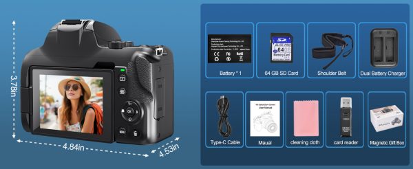 4K Digital Camera for Photography - 12X Optical Zoom 72MP Vlogging Camera for YouTube with 3" 180° Flip Screen, Autofocus Compact Camera with Battery, 64GB SD Card, USB Card Reader & Charging Stand - Image 3