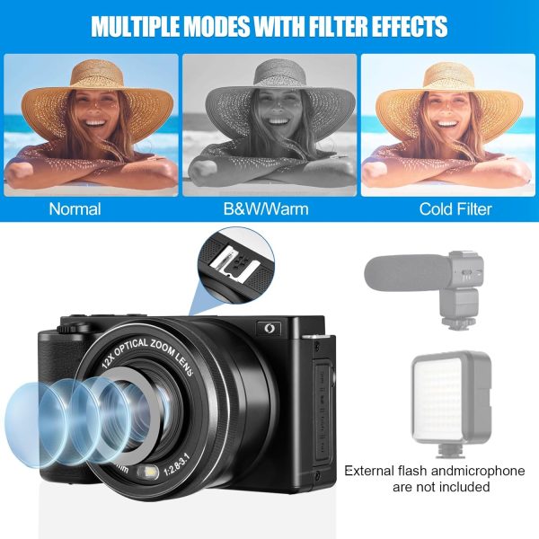 4K Digital Camera for Photography and Video, 12X Optical Zoom 64MP Autofocus Anti-Shake Vlogging Camera for YouTube, Built-in Fill Light and Flash Travel Camera with 64GB SD Card,Battery (Black) - Image 4