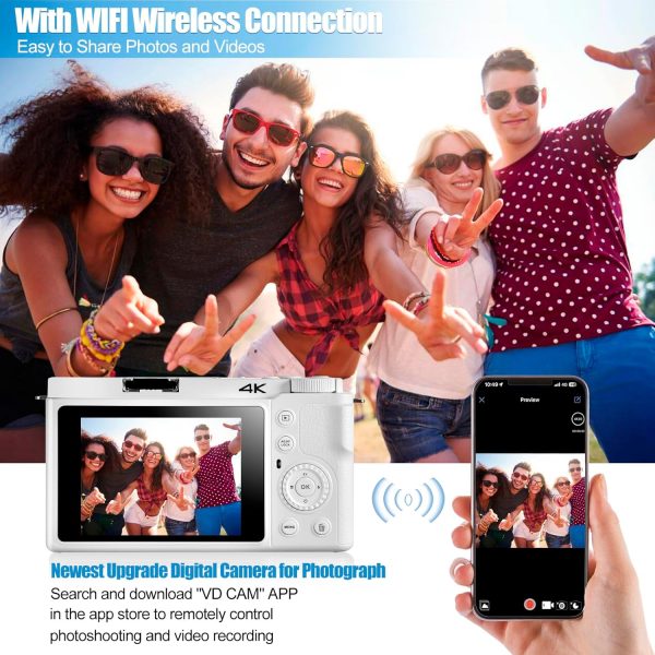 4K Digital Camera for Photography and Video, 12X Optical Zoom 64MP Autofocus Anti-Shake Vlogging Camera for YouTube, Built-in Fill Light and Flash Travel Camera with 64GB SD Card,Battery (White) - Image 2