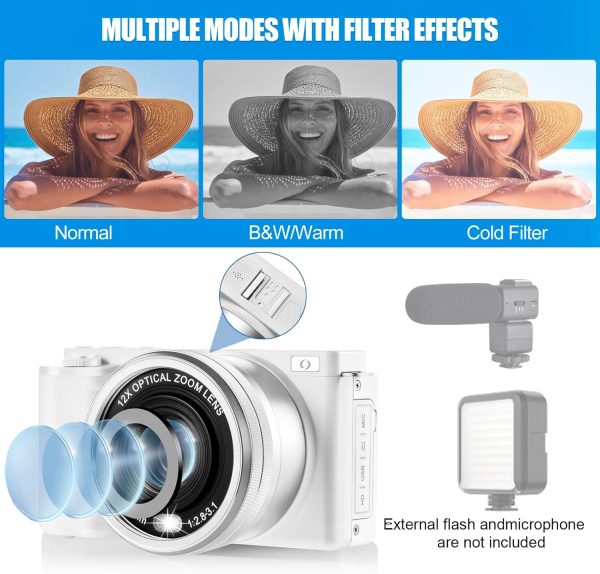 4K Digital Camera for Photography and Video, 12X Optical Zoom 64MP Autofocus Anti-Shake Vlogging Camera for YouTube, Built-in Fill Light and Flash Travel Camera with 64GB SD Card,Battery (White) - Image 3