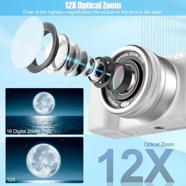 4K Digital Camera for Photography and Video, 12X Optical Zoom 64MP Autofocus Anti-Shake Vlogging Camera for YouTube, Built-in Fill Light and Flash Travel Camera with 64GB SD Card,Battery (White) - Image 4