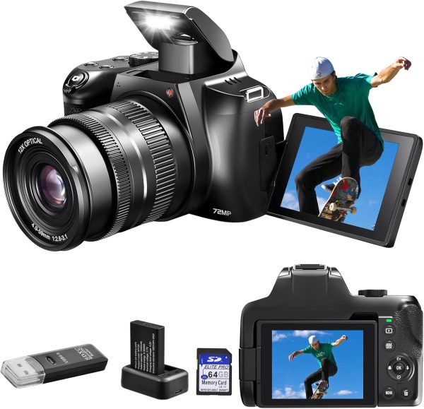 4K Digital Camera for Photography - 12X Optical Zoom 72MP Vlogging Camera for YouTube with 3" 180° Flip Screen, Autofocus Compact Camera with Battery, 64GB SD Card, USB Card Reader & Charging Stand