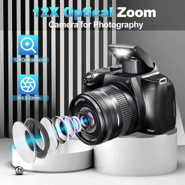 4K Digital Camera for Photography - 12X Optical Zoom 72MP Vlogging Camera for YouTube with 3" 180° Flip Screen, Autofocus Compact Camera with Battery, 64GB SD Card, USB Card Reader & Charging Stand - Image 2