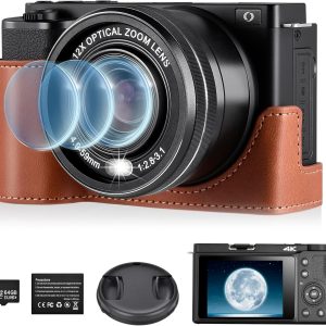 4K Digital Camera for Photography and Video, 12X Optical Zoom 64MP Autofocus Anti-Shake Vlogging Camera for YouTube, Built-in Fill Light and Flash Travel Camera with 64GB SD Card,Battery (Black)