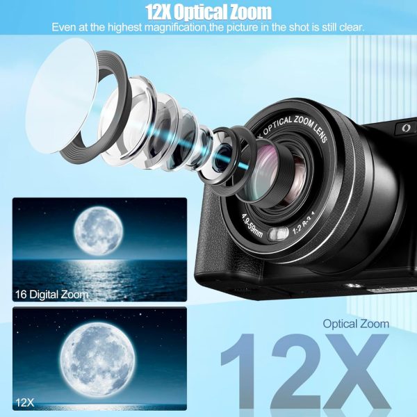 4K Digital Camera for Photography and Video, 12X Optical Zoom 64MP Autofocus Anti-Shake Vlogging Camera for YouTube, Built-in Fill Light and Flash Travel Camera with 64GB SD Card,Battery (Black) - Image 3