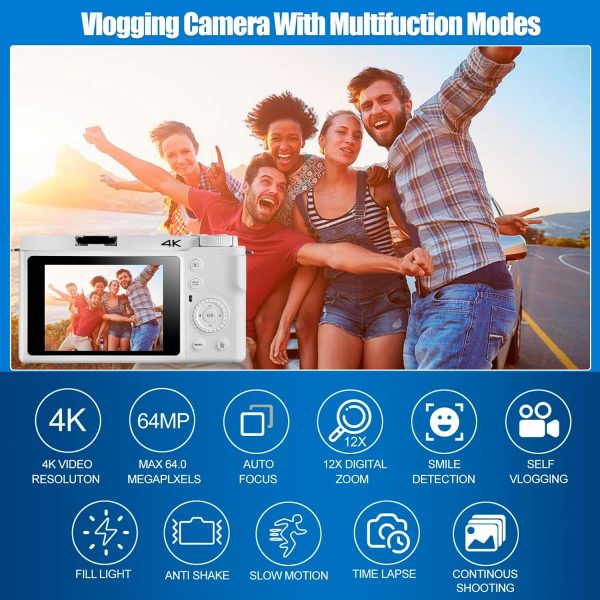 4K Digital Camera for Photography and Video, 12X Optical Zoom 64MP Autofocus Anti-Shake Vlogging Camera for YouTube, Built-in Fill Light and Flash Travel Camera with 64GB SD Card,Battery (White) - Image 9